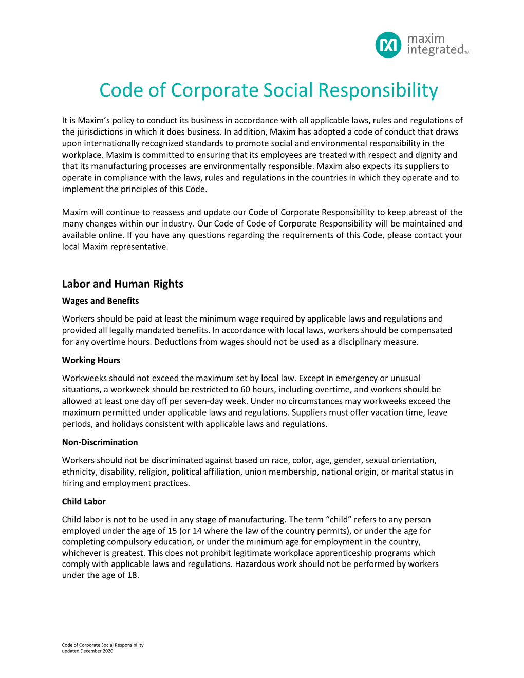 Code of Corporate Social Responsibility