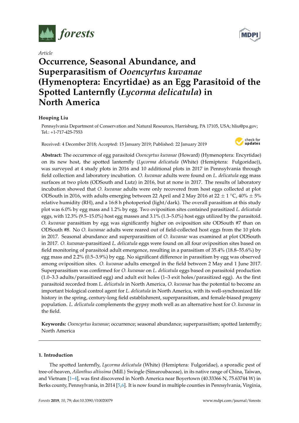 (Hymenoptera: Encyrtidae) As an Egg Parasitoid of the Spotted Lanternﬂy (Lycorma Delicatula) in North America