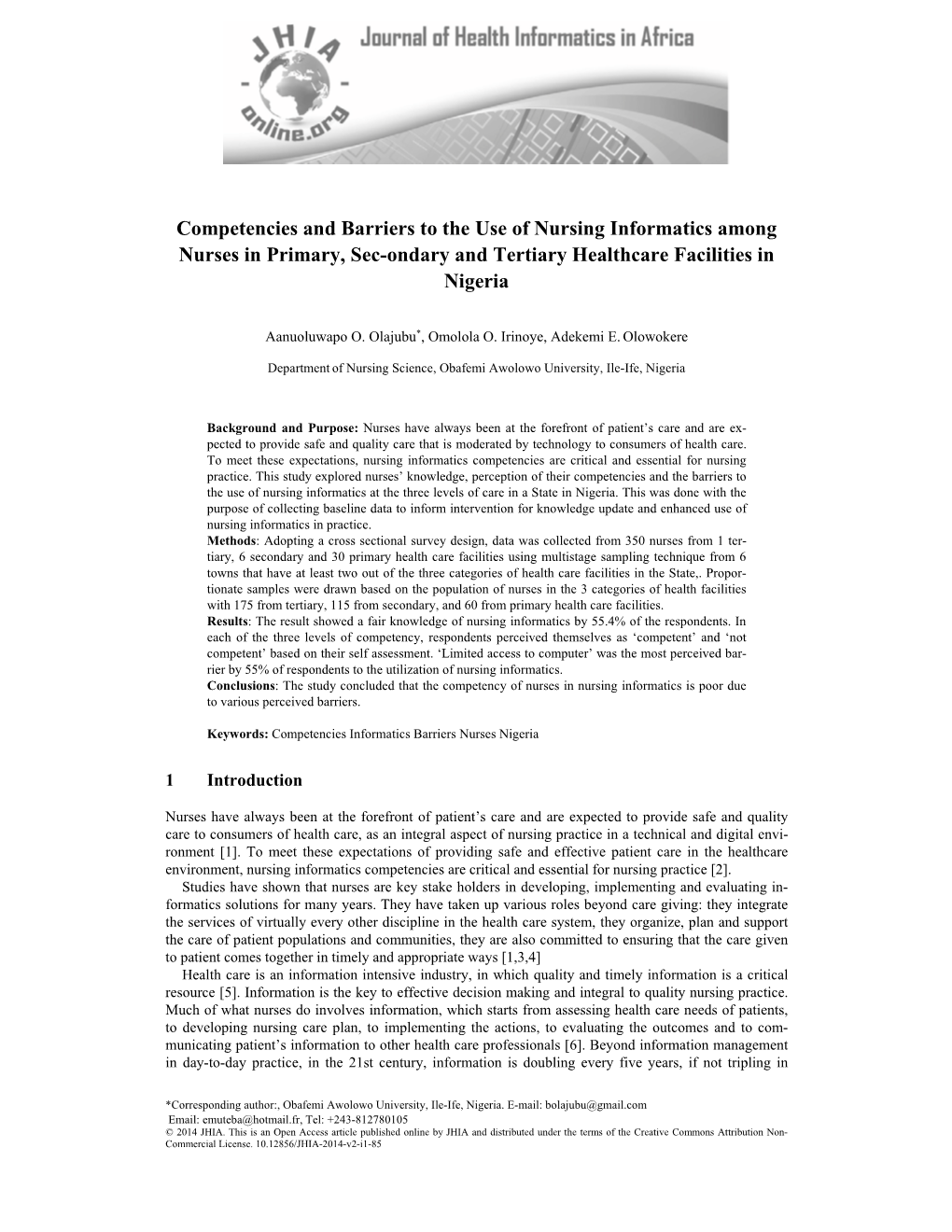 Competencies and Barriers to the Use of Nursing Informatics Among Nurses in Primary, Sec-Ondary and Tertiary Healthcare Facilities in Nigeria