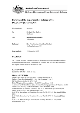 Barlow and the Department of Defence [2016] DHAAT 07 (3 March 2016)