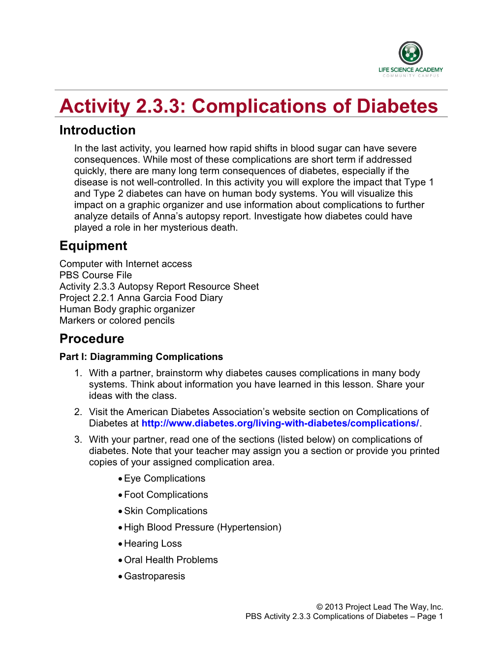 Activity 2.3.3: Complications of Diabetes Introduction