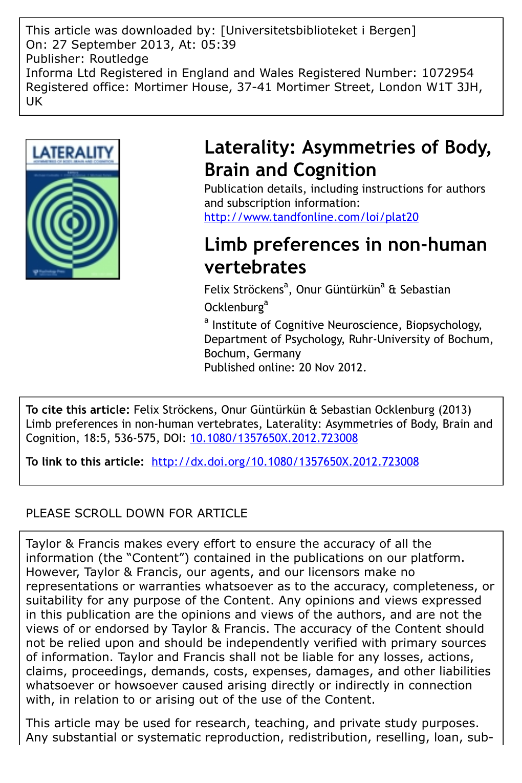 (2013) Limb Preferences in Non-Human Vertebrates, Laterality