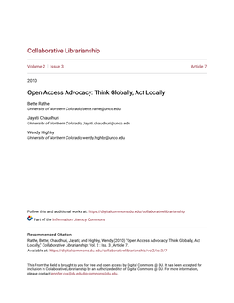 Open Access Advocacy: Think Globally, Act Locally