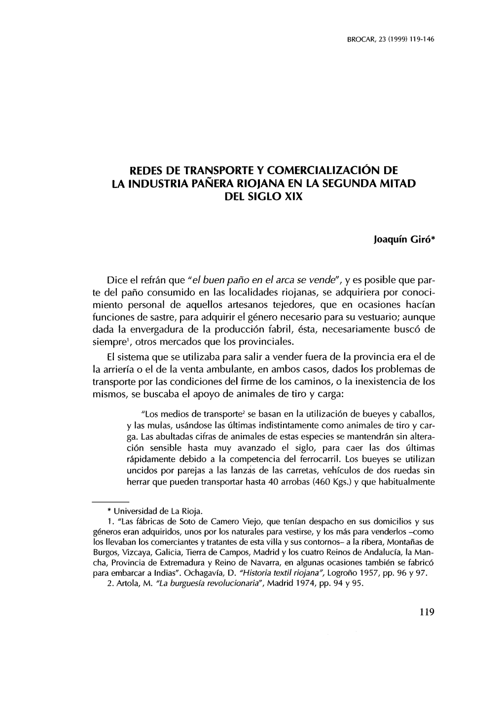 Redes De Transporte Y Comercialización De La Industria Pañera Riojana En La Segunda Mitad Del Siglo Xix