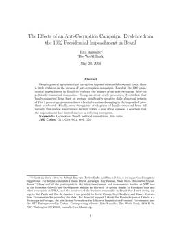 The Effects of an Anti-Corruption Campaign: Evidence from the 1992 Presidential Impeachment in Brazil