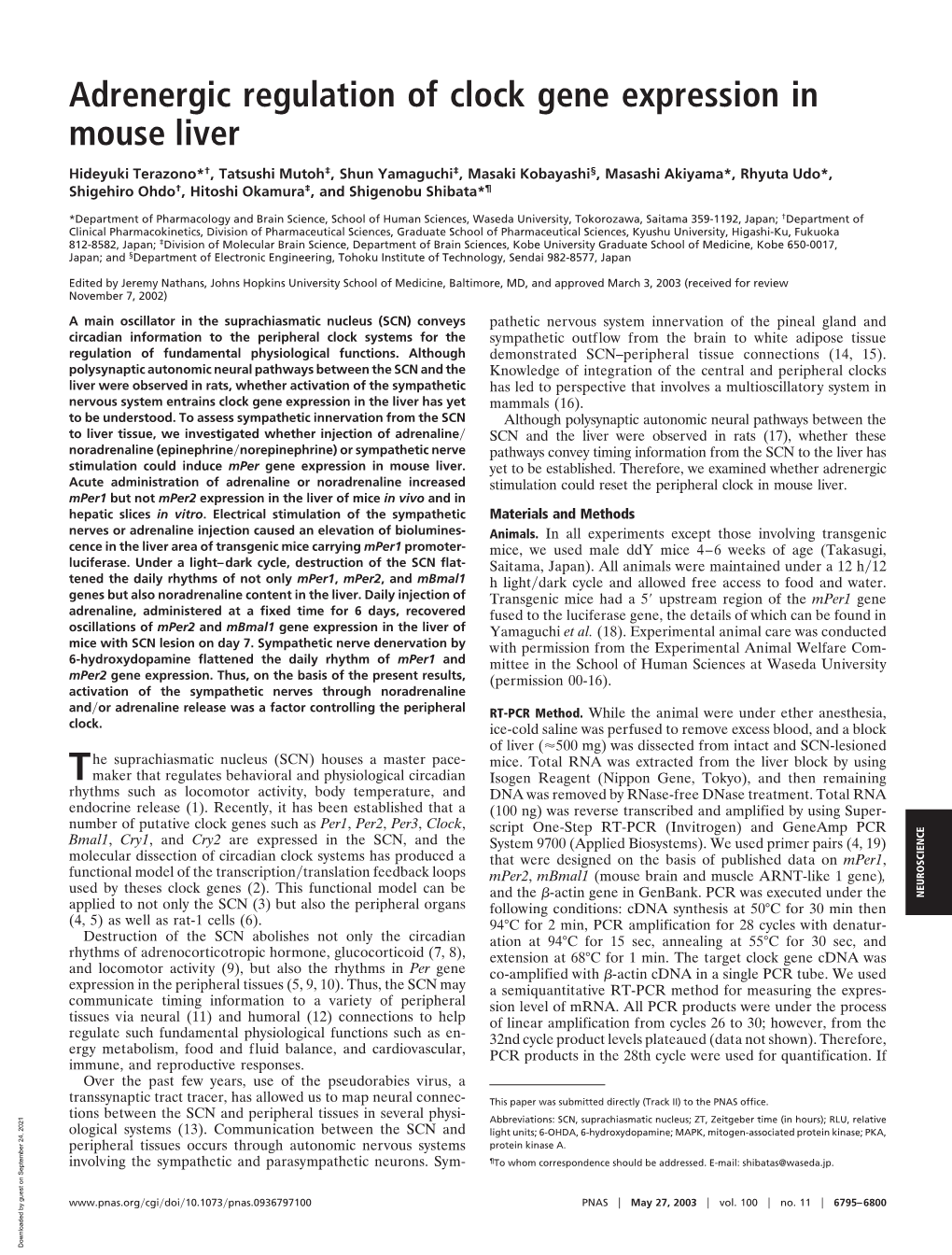 Adrenergic Regulation of Clock Gene Expression in Mouse Liver