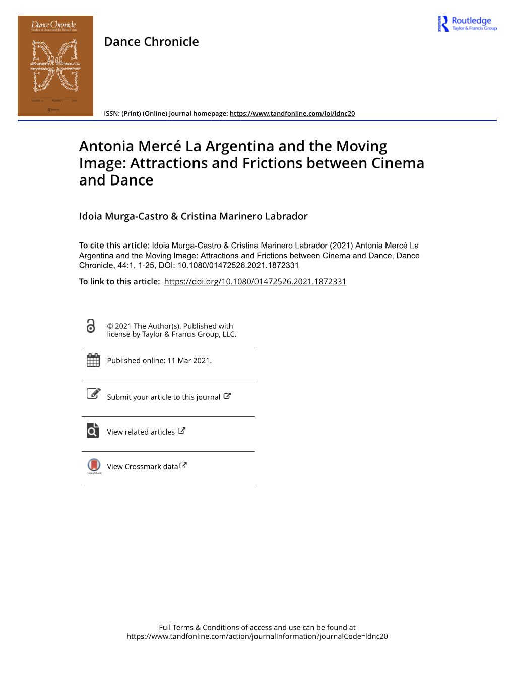 Antonia Mercé La Argentina and the Moving Image: Attractions and Frictions Between Cinema and Dance