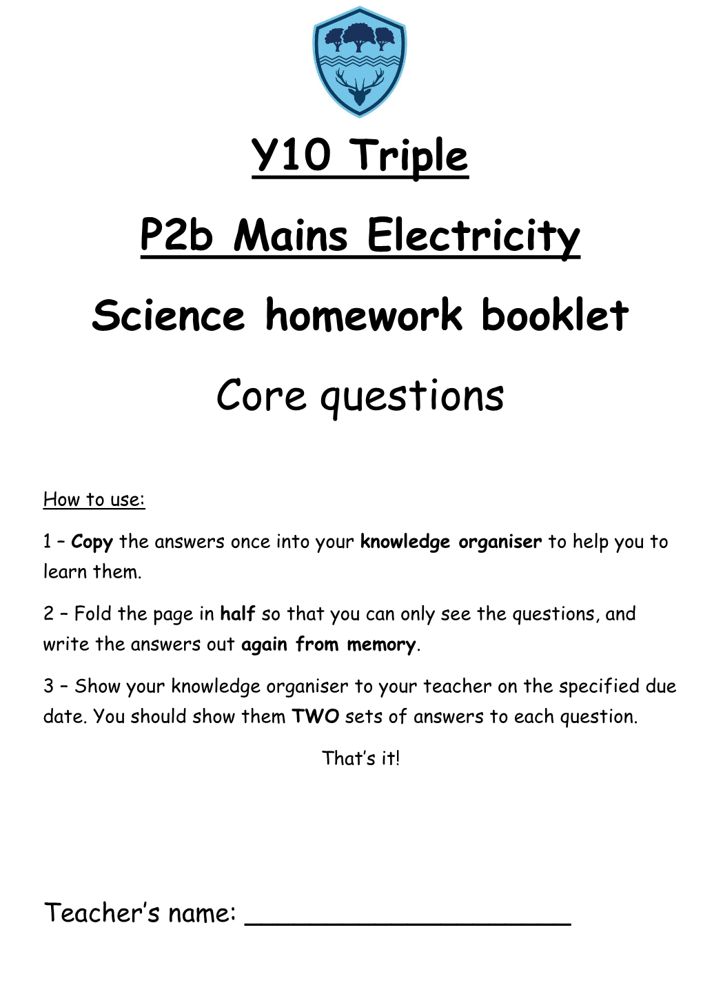 Y10 Triple P2b Mains Electricity Science Homework Booklet Core Questions