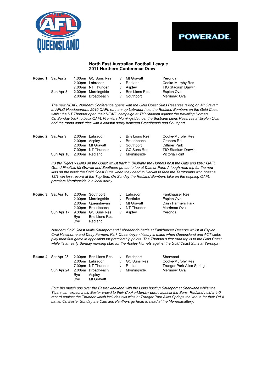 North East Australian Football League 2011 Northern Conference Draw