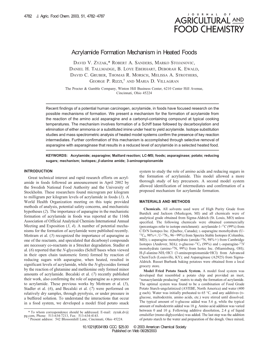 Acrylamide Formation Mechanism in Heated Foods