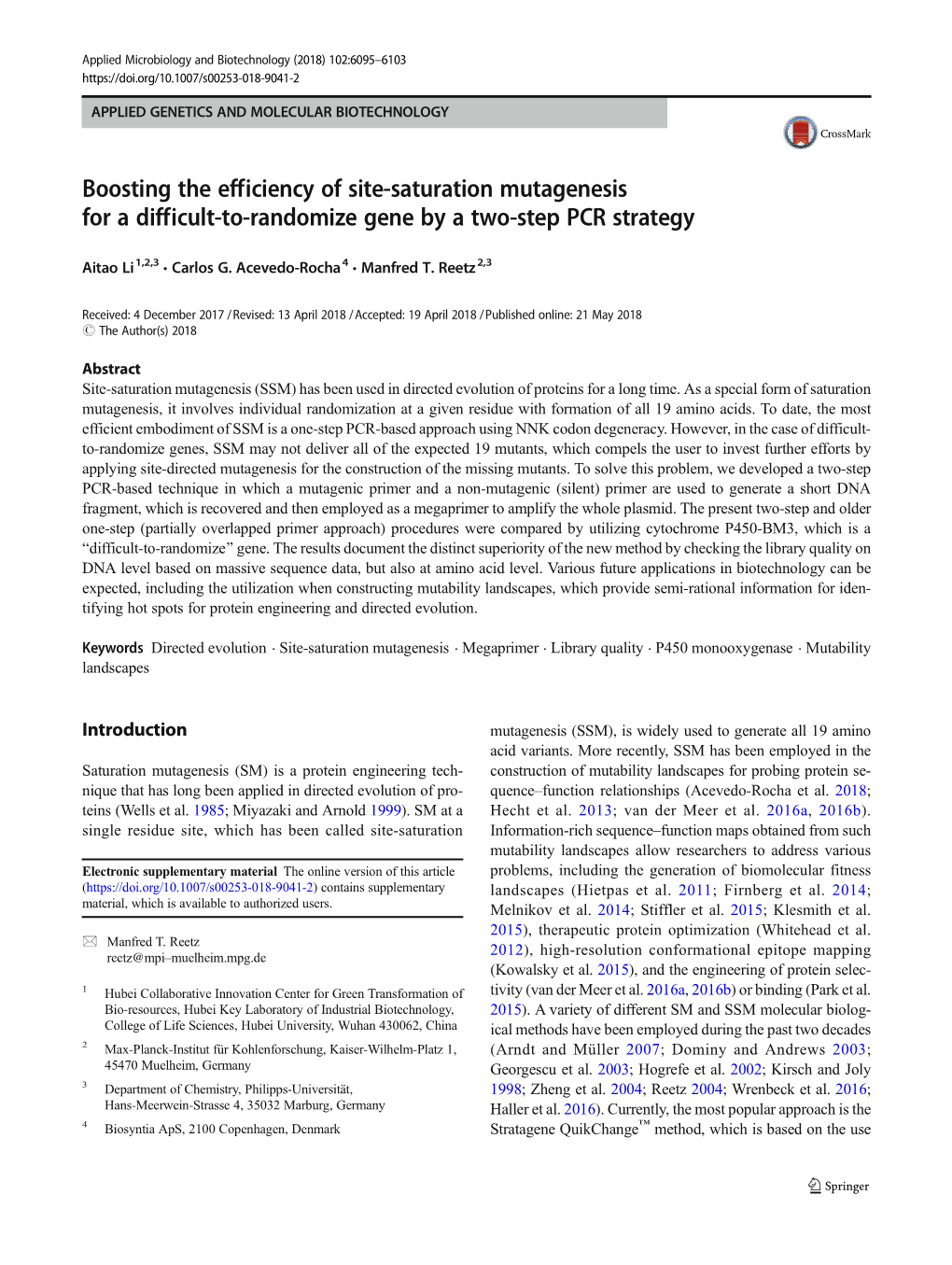 Boosting the Efficiency of Site-Saturation Mutagenesis for a Difficult-To-Randomize Gene by a Two-Step PCR Strategy