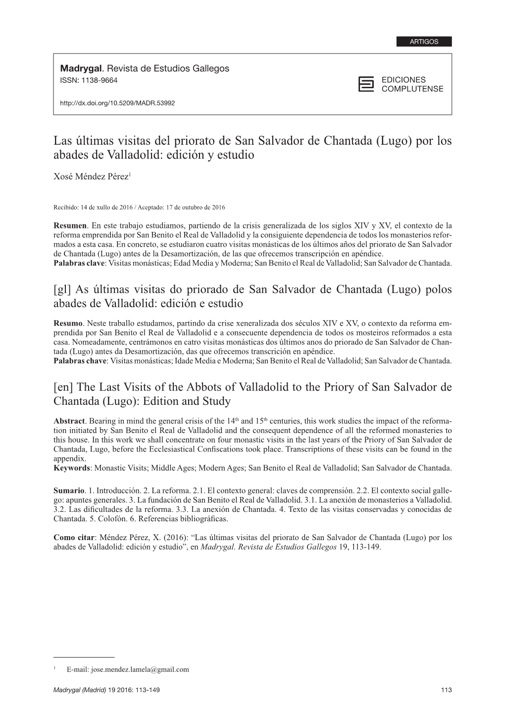 Las Últimas Visitas Del Priorato De San Salvador De Chantada (Lugo) Por Los Abades De Valladolid: Edición Y Estudio