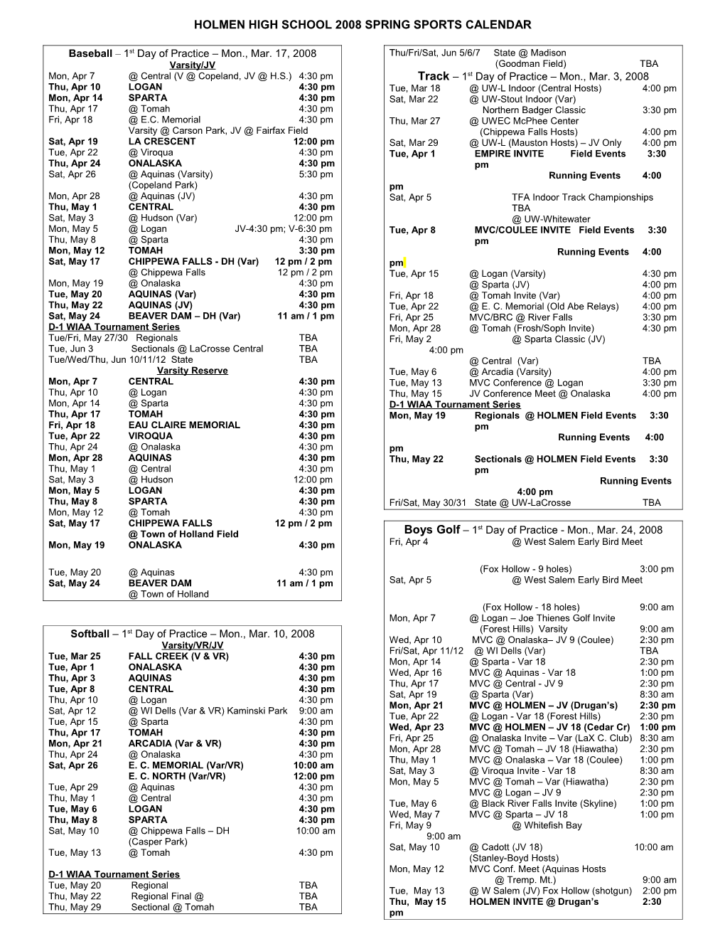 Holmen High School 2003 Spring Sports Calendar