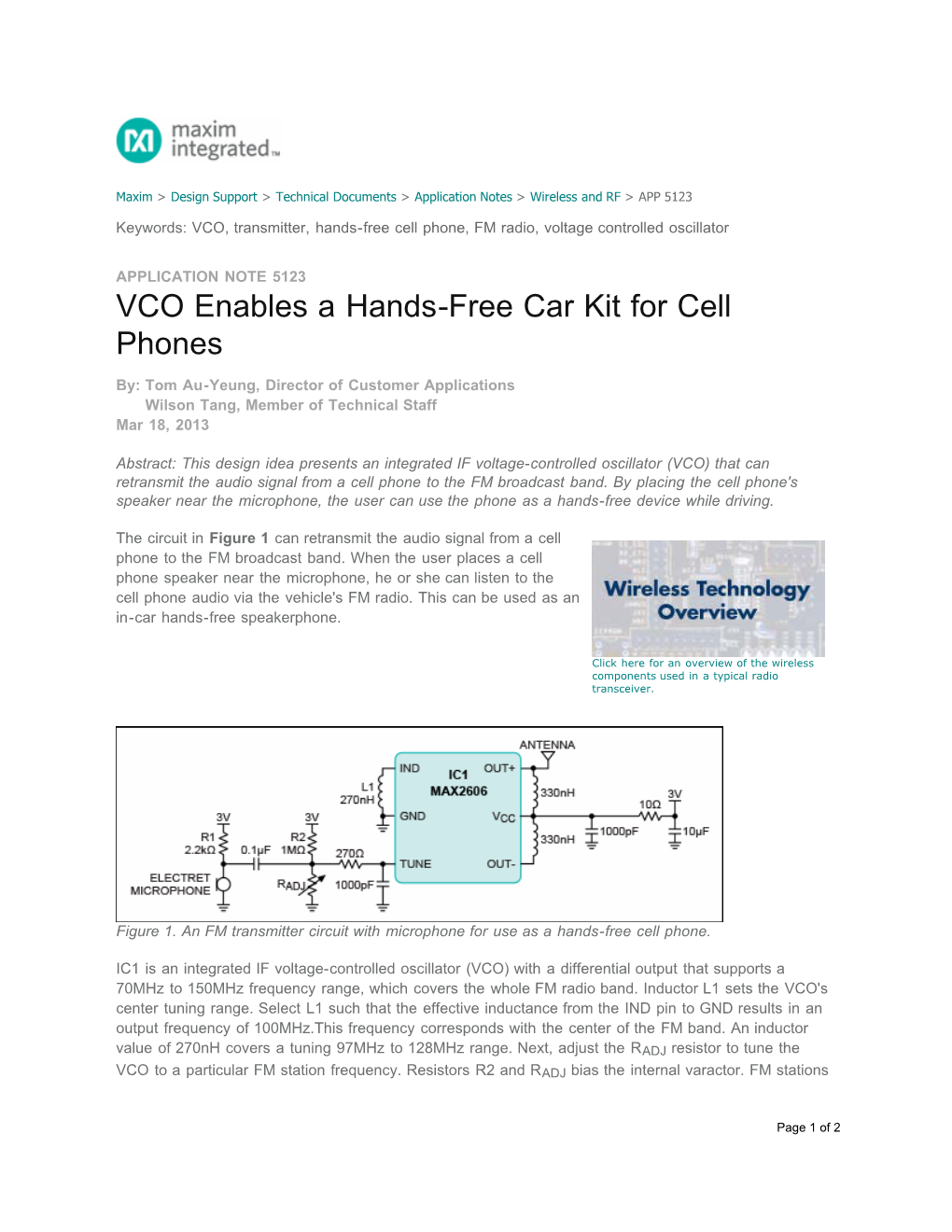 VCO Enables a Hands-Free Car Kit for Cell Phones