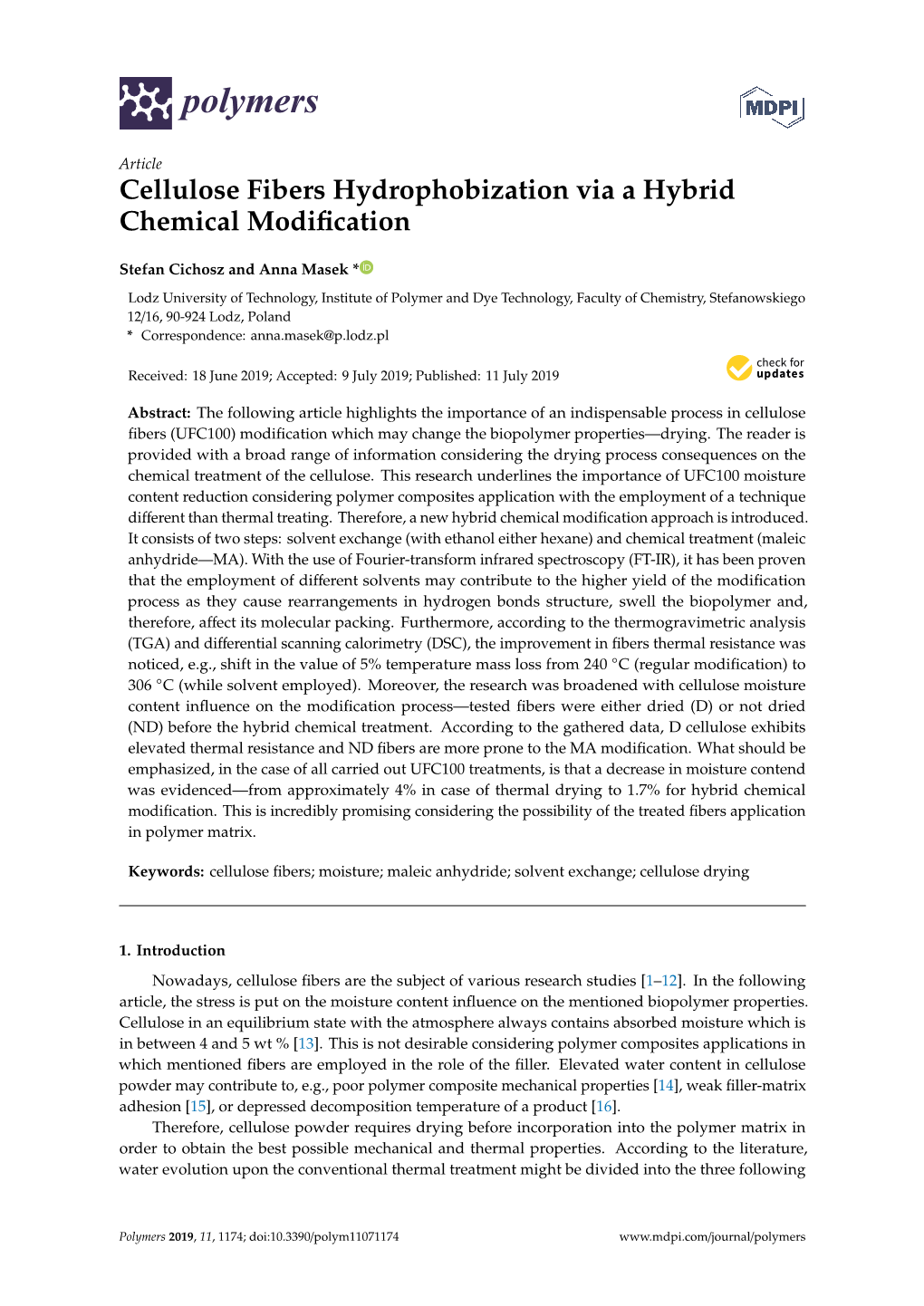 Cellulose Fibers Hydrophobization Via a Hybrid Chemical Modification