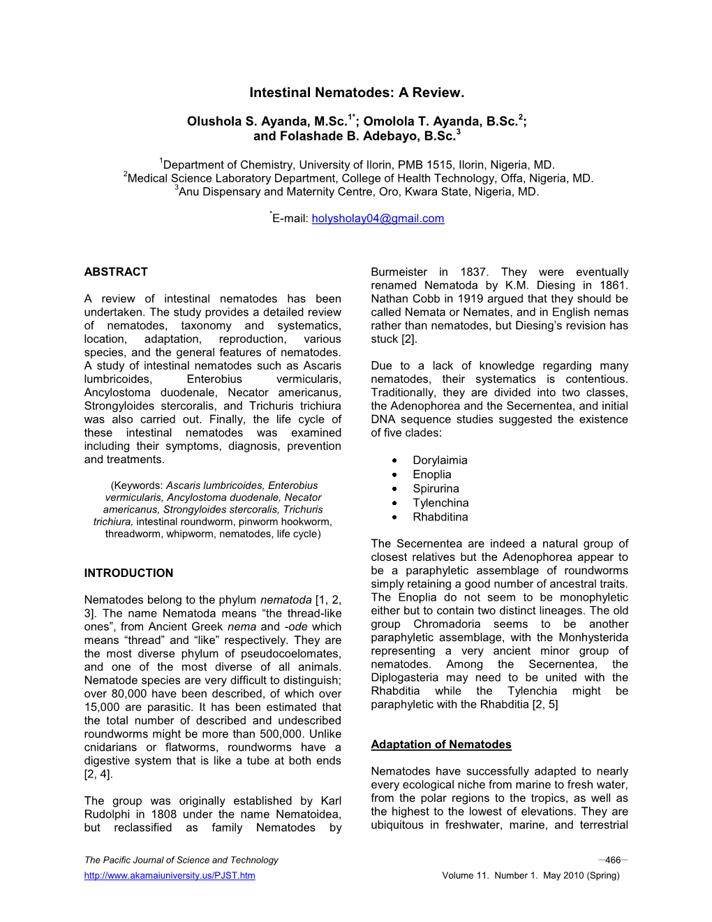 Intestinal Nematodes: a Review