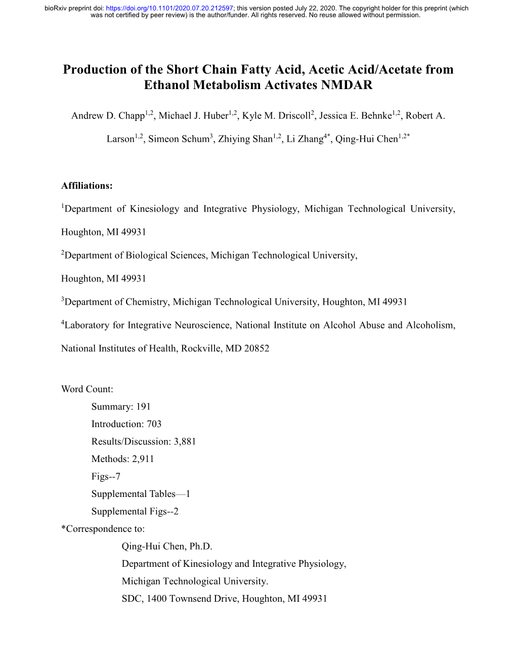 Production of the Short Chain Fatty Acid, Acetic Acid/Acetate from Ethanol Metabolism Activates NMDAR