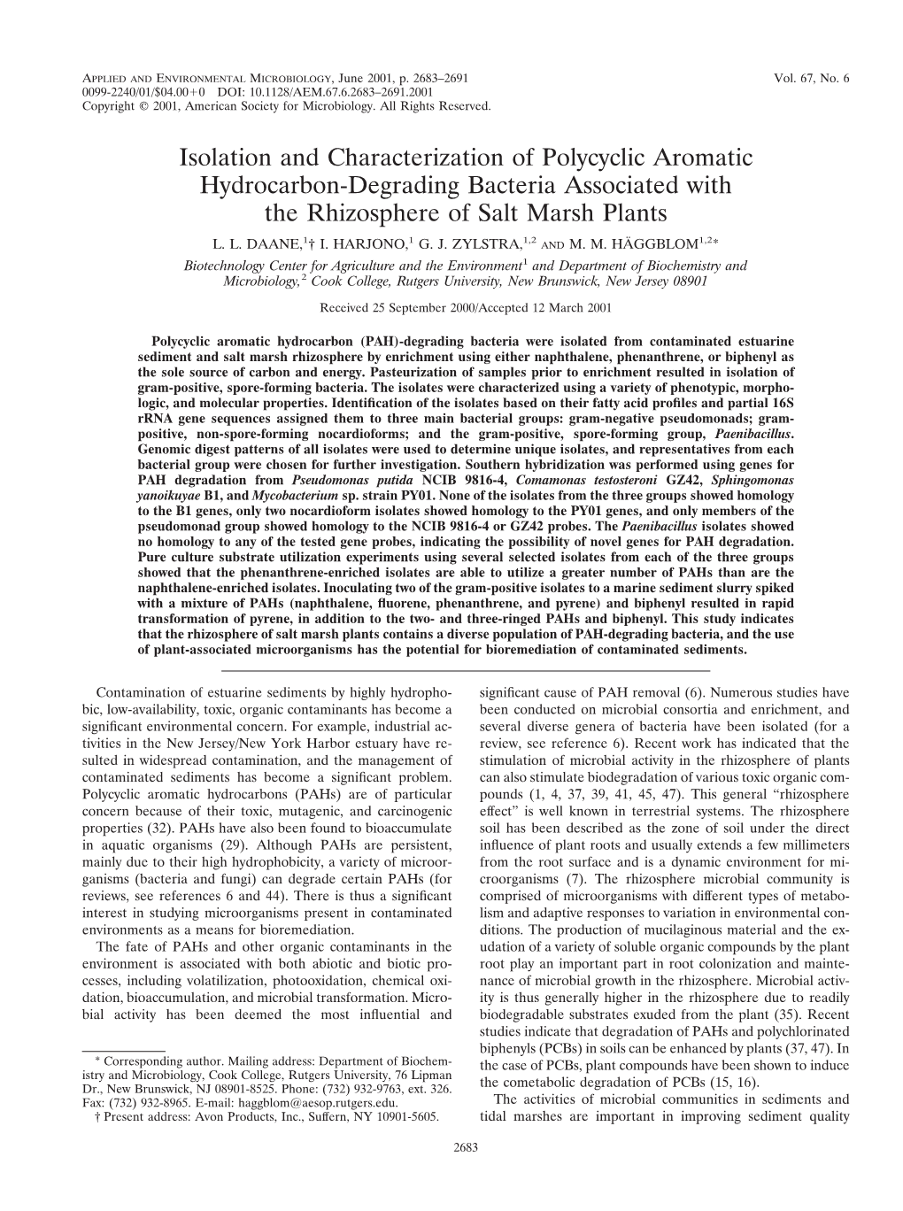 Isolation and Characterization of Polycyclic Aromatic Hydrocarbon-Degrading Bacteria Associated with the Rhizosphere of Salt Marsh Plants