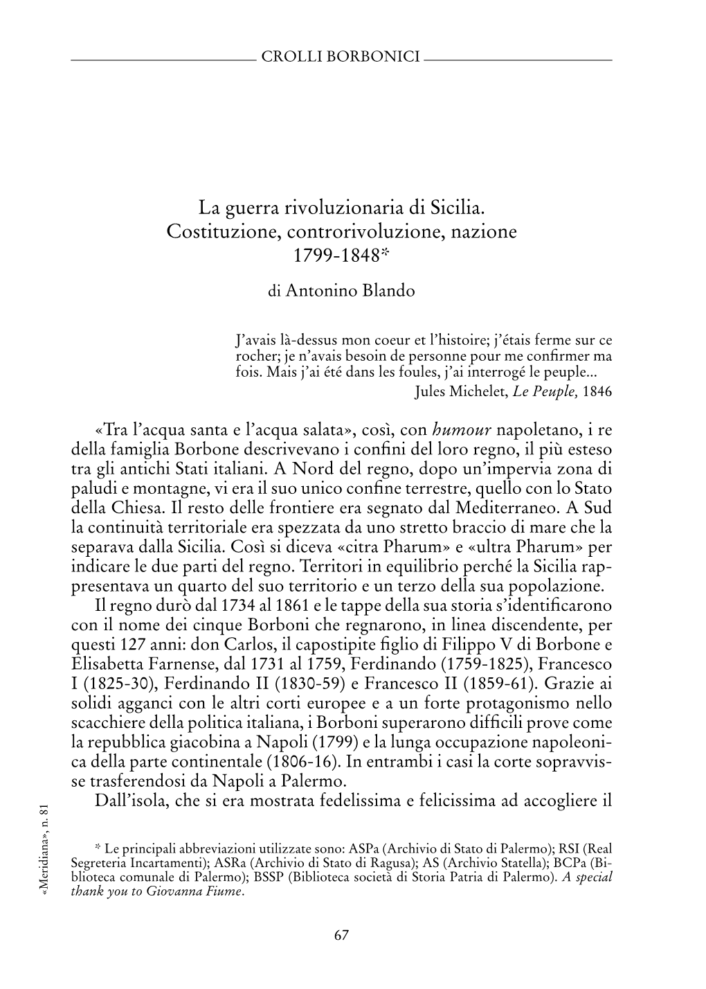 La Guerra Rivoluzionaria Di Sicilia. Costituzione, Controrivoluzione, Nazione 1799-1848*