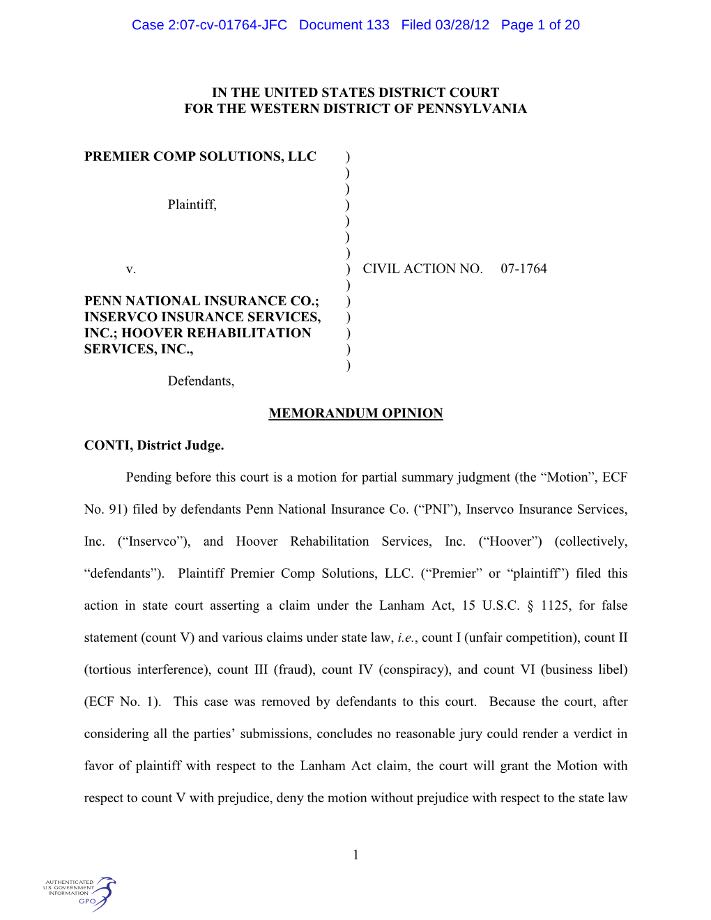 Case 2:07-Cv-01764-JFC Document 133 Filed 03/28/12 Page 1 of 20