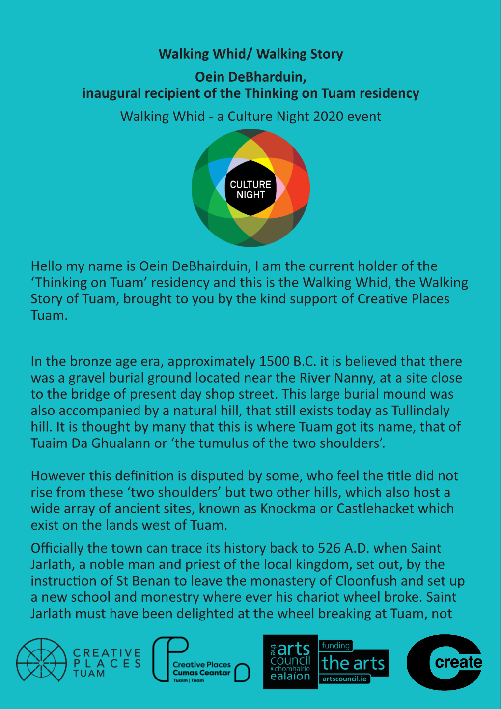 Walking Story Oein Debharduin, Inaugural Recipient of the Thinking on Tuam Residency Walking Whid - a Culture Night 2020 Event