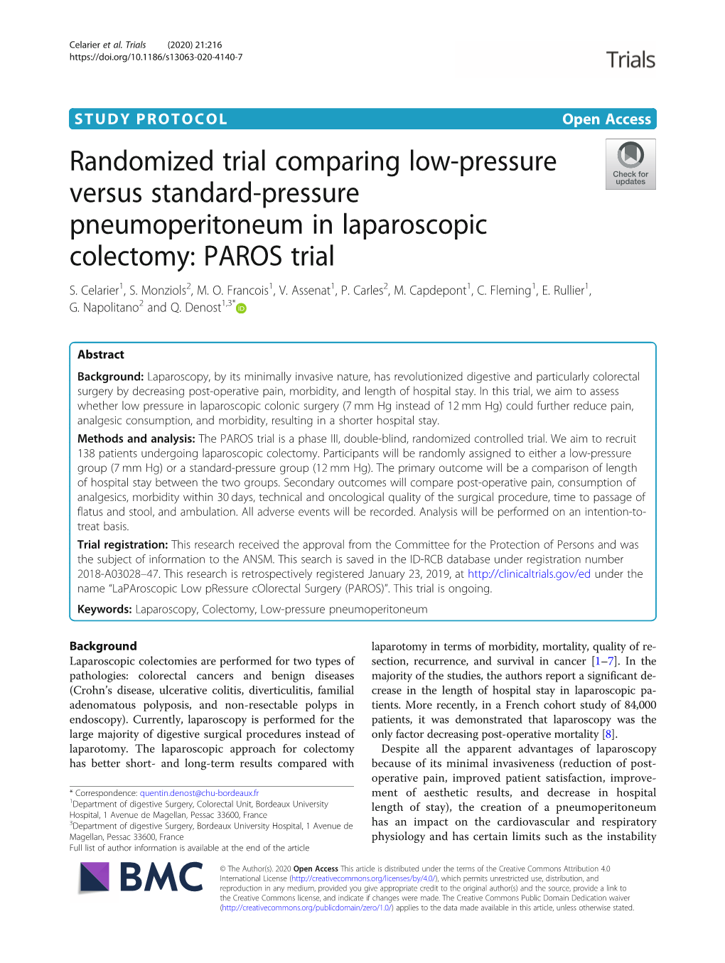 Randomized Trial Comparing Low-Pressure Versus Standard-Pressure Pneumoperitoneum in Laparoscopic Colectomy: PAROS Trial S