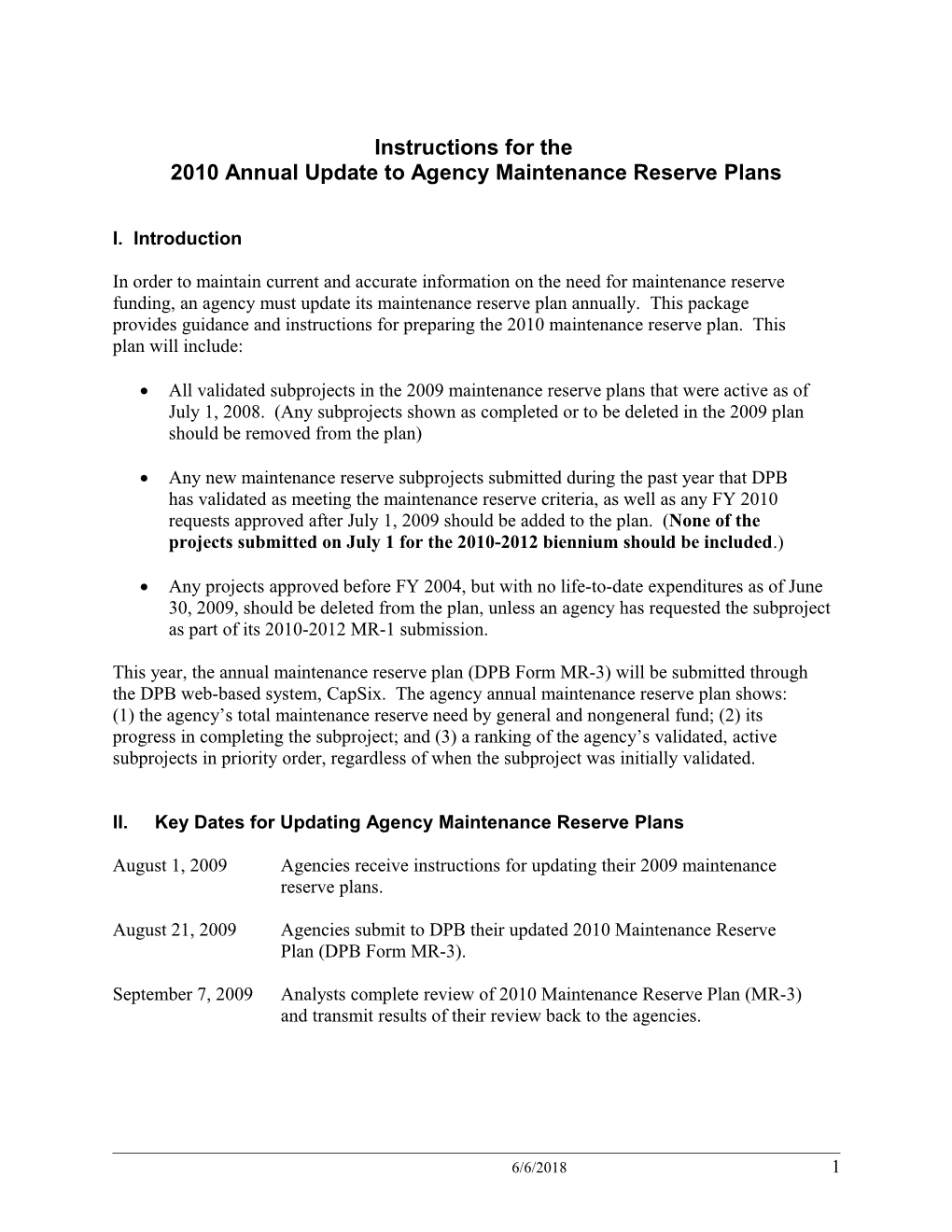 2010 Annual Update to Agency Maintenance Reserve Plans