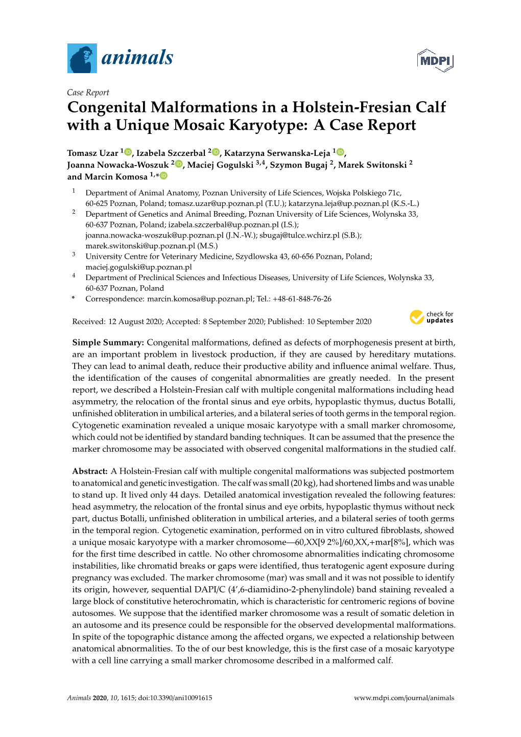 Congenital Malformations in a Holstein-Fresian Calf with a Unique Mosaic Karyotype: a Case Report