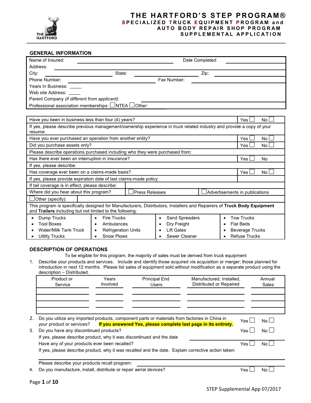 Specialized Truck Equipment Program Supplemental Application