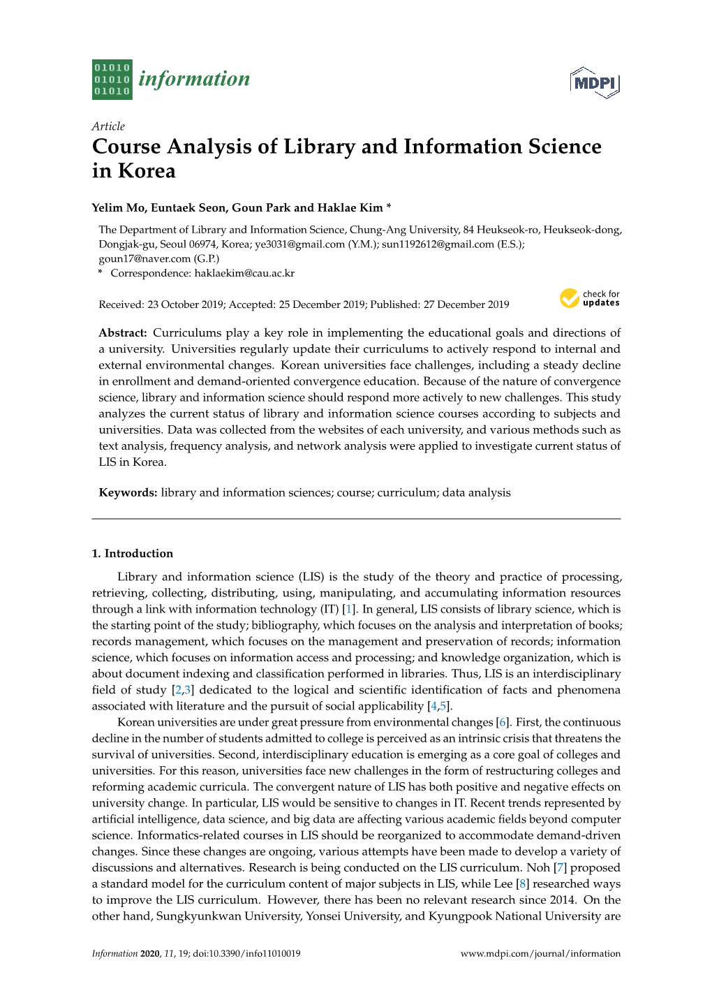 Course Analysis of Library and Information Science in Korea