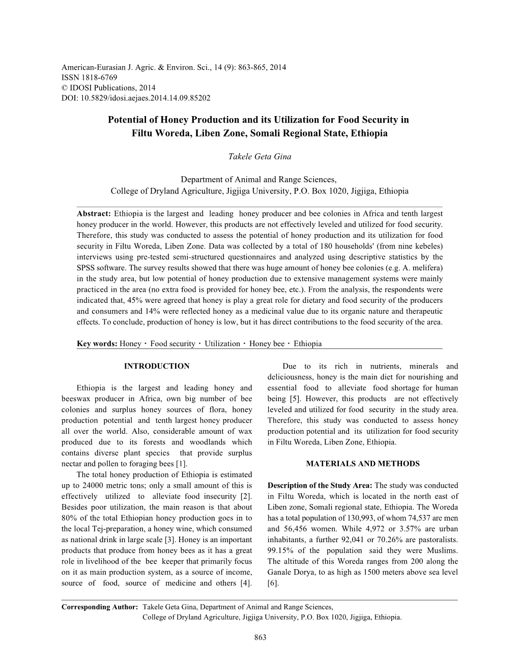 Potential of Honey Production and Its Utilization for Food Security in Filtu Woreda, Liben Zone, Somali Regional State, Ethiopia