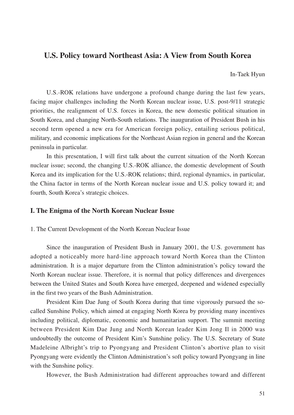 U.S. Policy Toward Northeast Asia: a View from South Korea