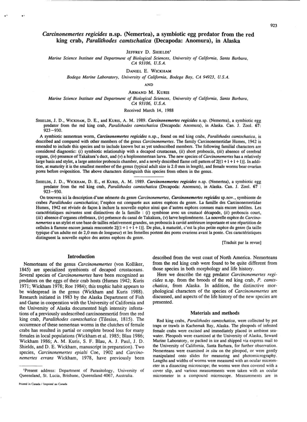 Carcinonemertes Regicides N.Sp. (Nemertea), a Symbiotic Egg Predator from the Red King Crab, Paralithodes Camtschatica (Decapoda: Anomura), in Alaska