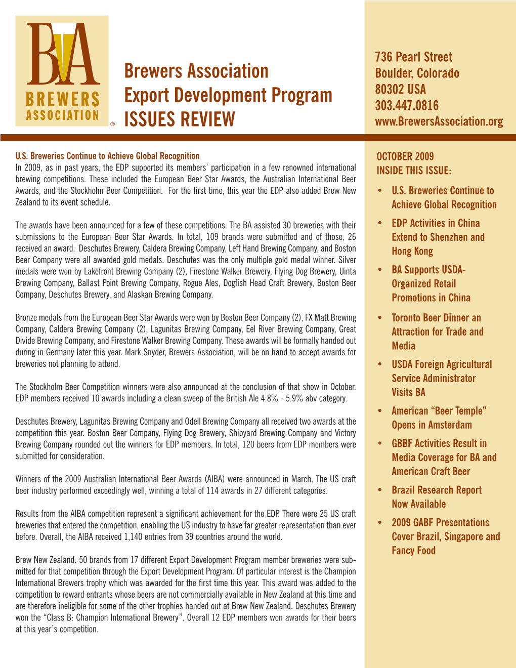 Brewers Association Export Development Program ISSUES