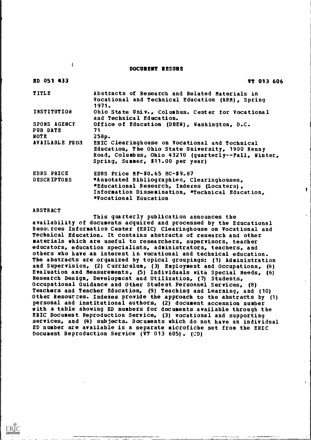 DOCUMENT RESUME ED 051 433 VT 013 606 Abstracts Of