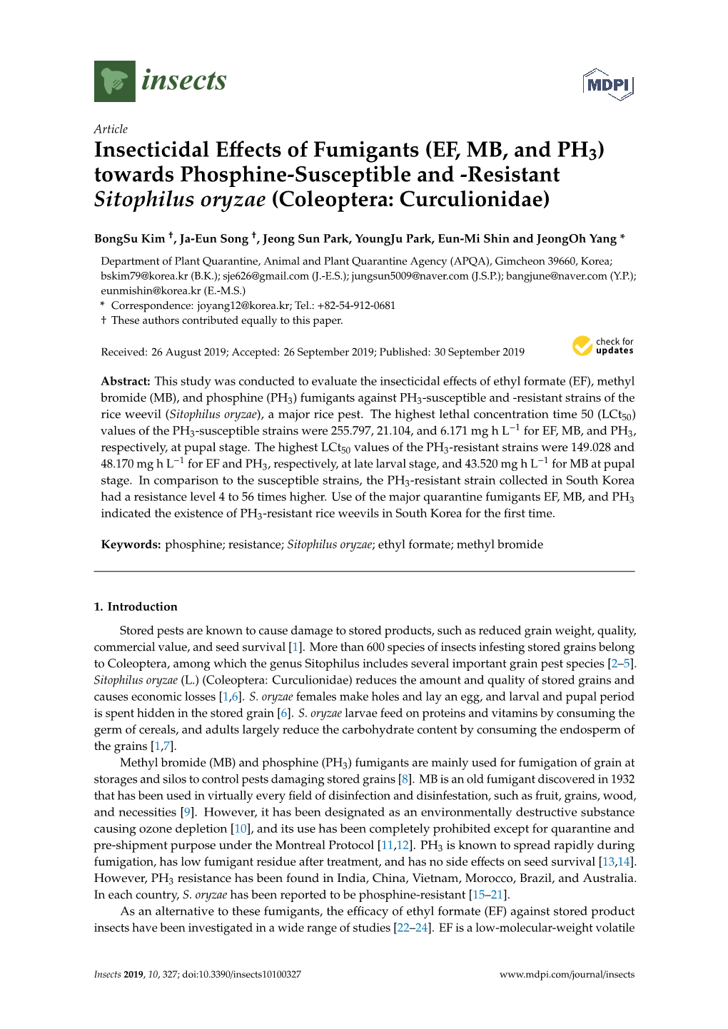 Insecticidal Effects of Fumigants (EF, MB, and PH3) Towards Phosphine-Susceptible