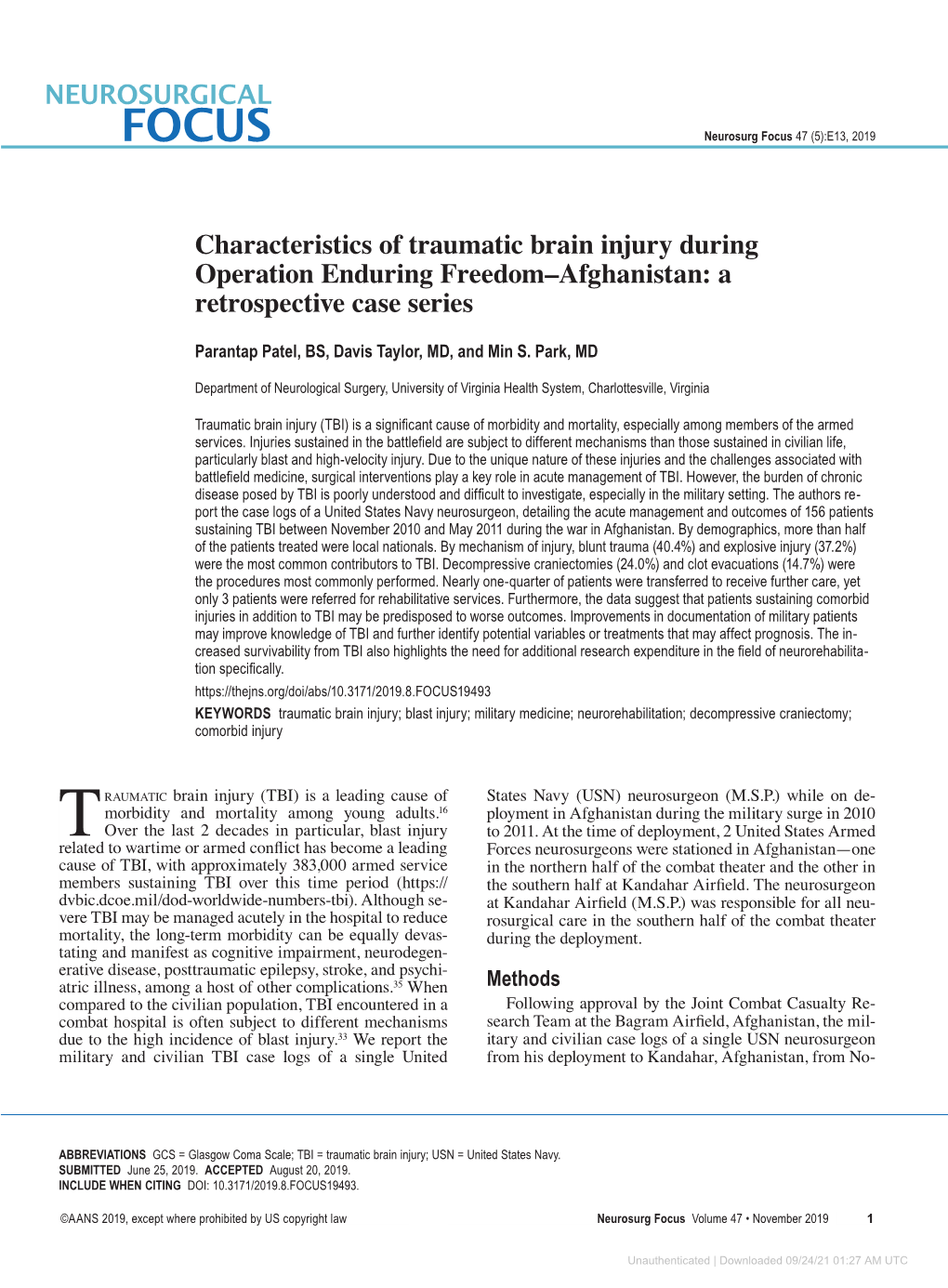 Characteristics of Traumatic Brain Injury During Operation Enduring Freedom–Afghanistan: a Retrospective Case Series