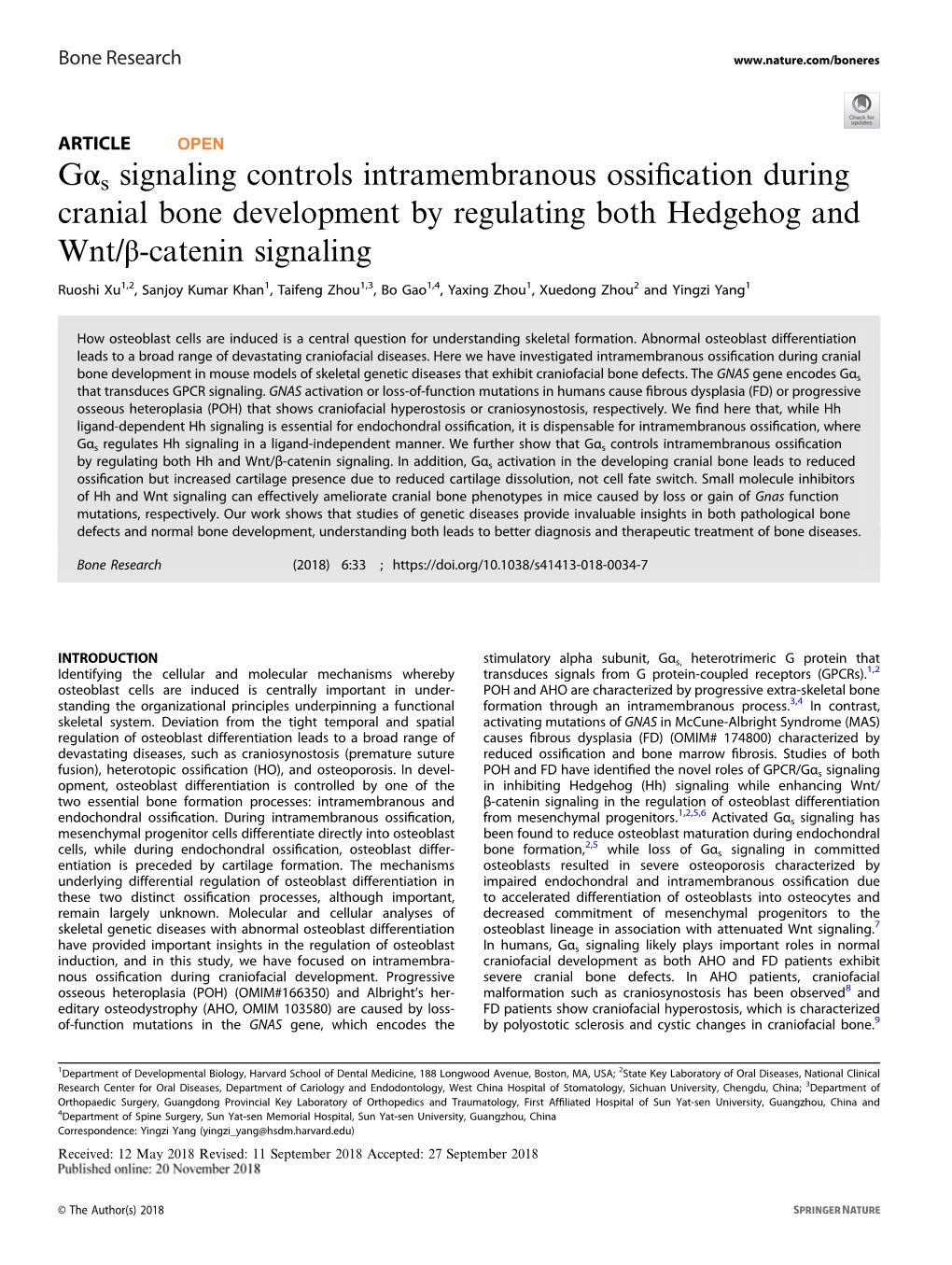 GÎ±S Signaling Controls Intramembranous Ossification During Cranial Bone Development by Regulating Both Hedgehog and Wnt/Î²