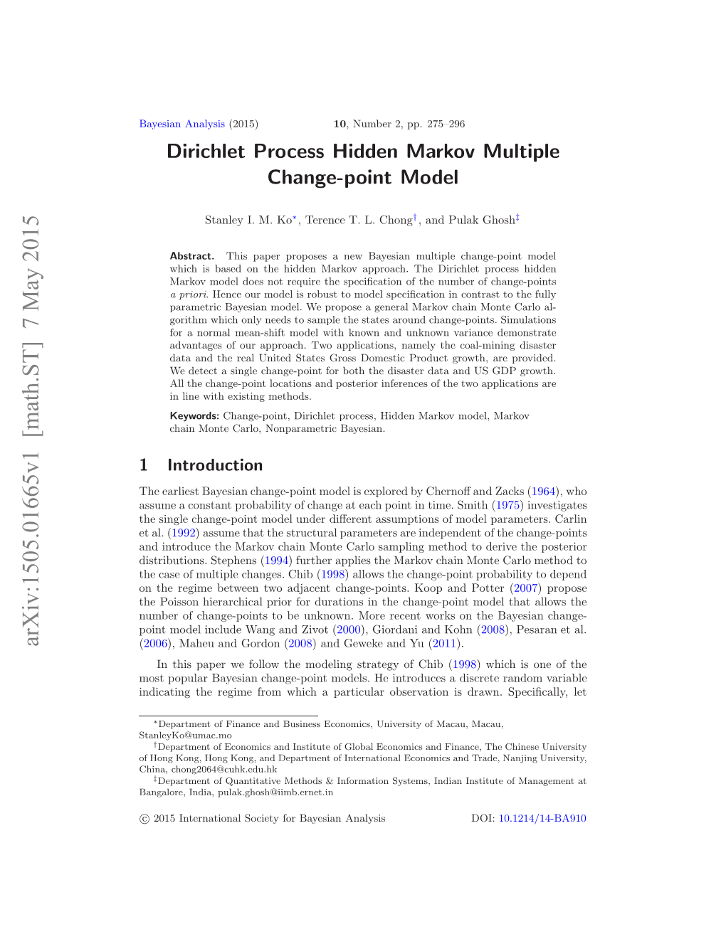 Dirichlet Process Hidden Markov Multiple Change-Point Model