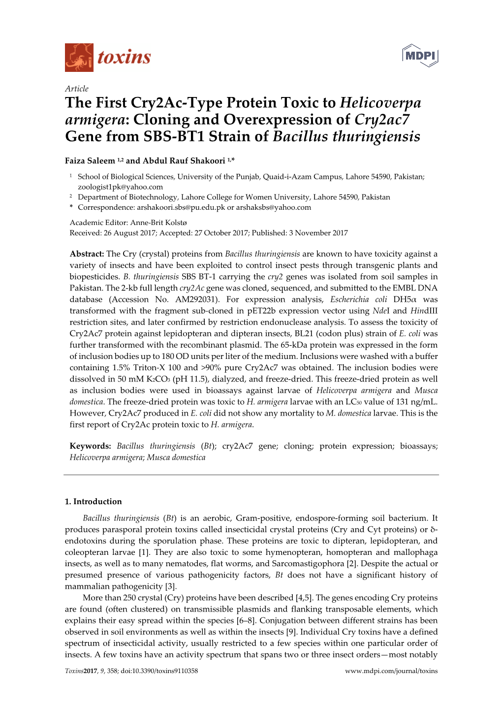 The First Cry2ac-Type Protein Toxic to Helicoverpa Armigera: Cloning and Overexpression of Cry2ac7 Gene from SBS-BT1 Strain of Bacillus Thuringiensis