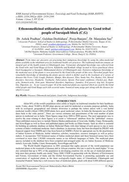 Ethonomedicinal Utilization of Inhabitat Plants by Gond Tribal People of Saraipali Block (C.G)
