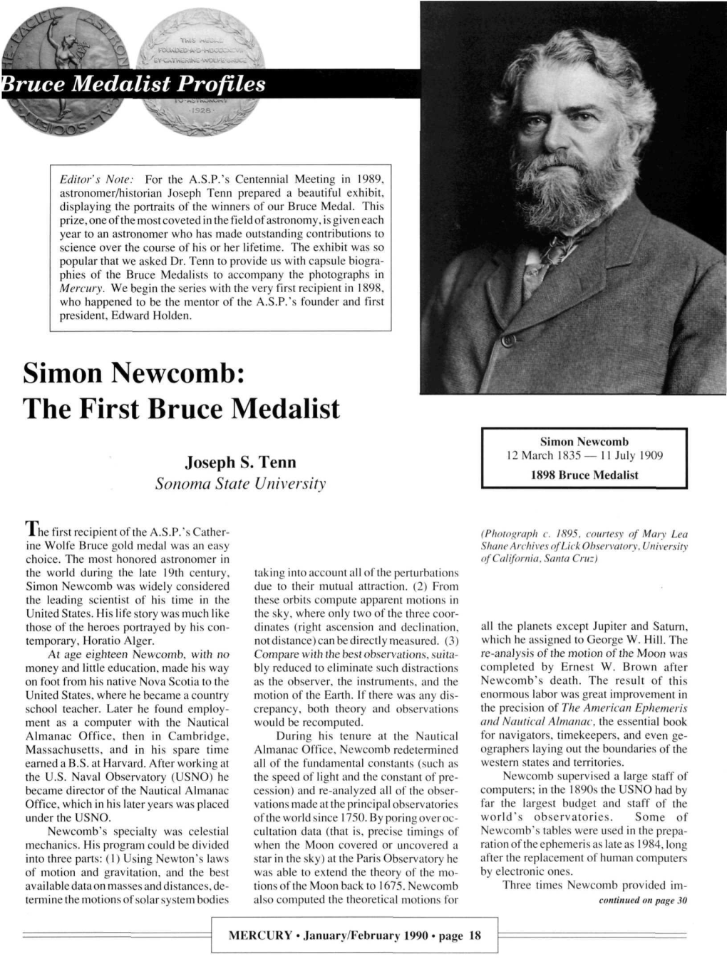 Simon Newcomb: the First Bruce Medalist