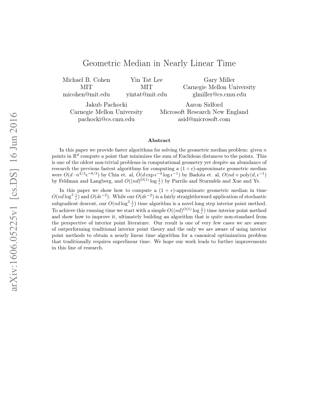 Geometric Median in Nearly Linear Time