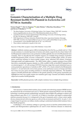 Genomic Characterisation of a Multiple Drug Resistant Inchi2 ST4 Plasmid in Escherichia Coli ST744 in Australia