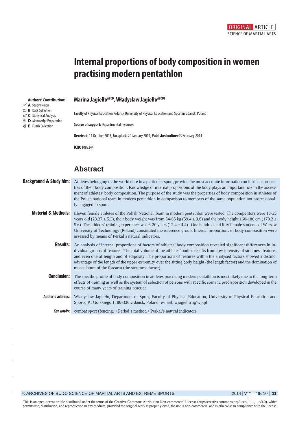 Internal Proportions of Body Composition in Women Practising Modern Pentathlon