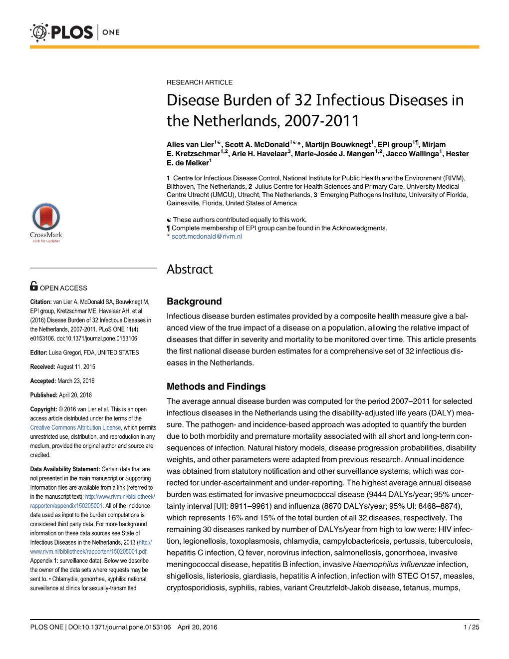 Disease Burden of 32 Infectious Diseases in the Netherlands, 2007-2011