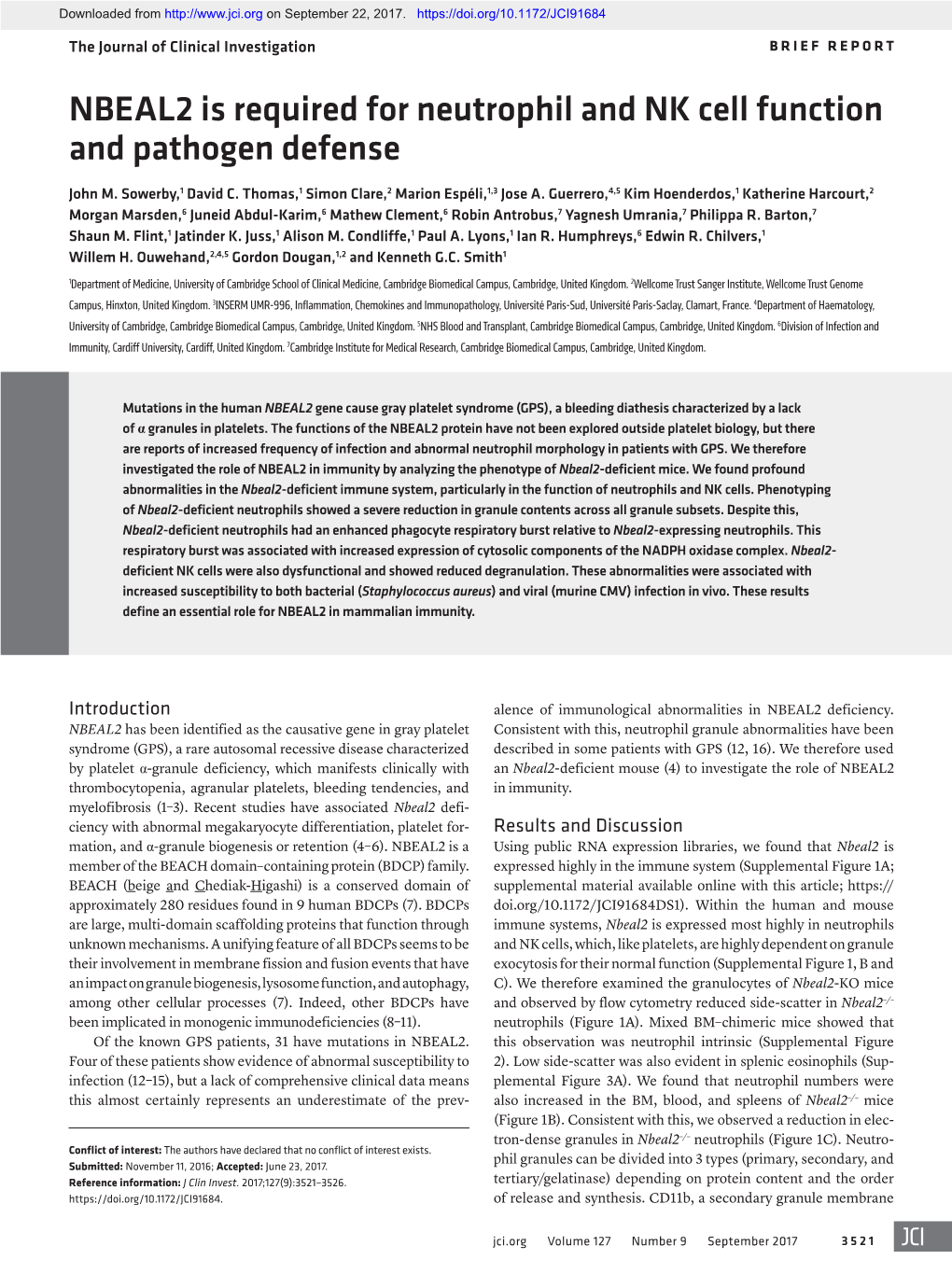 NBEAL2 Is Required for Neutrophil and NK Cell Function and Pathogen Defense