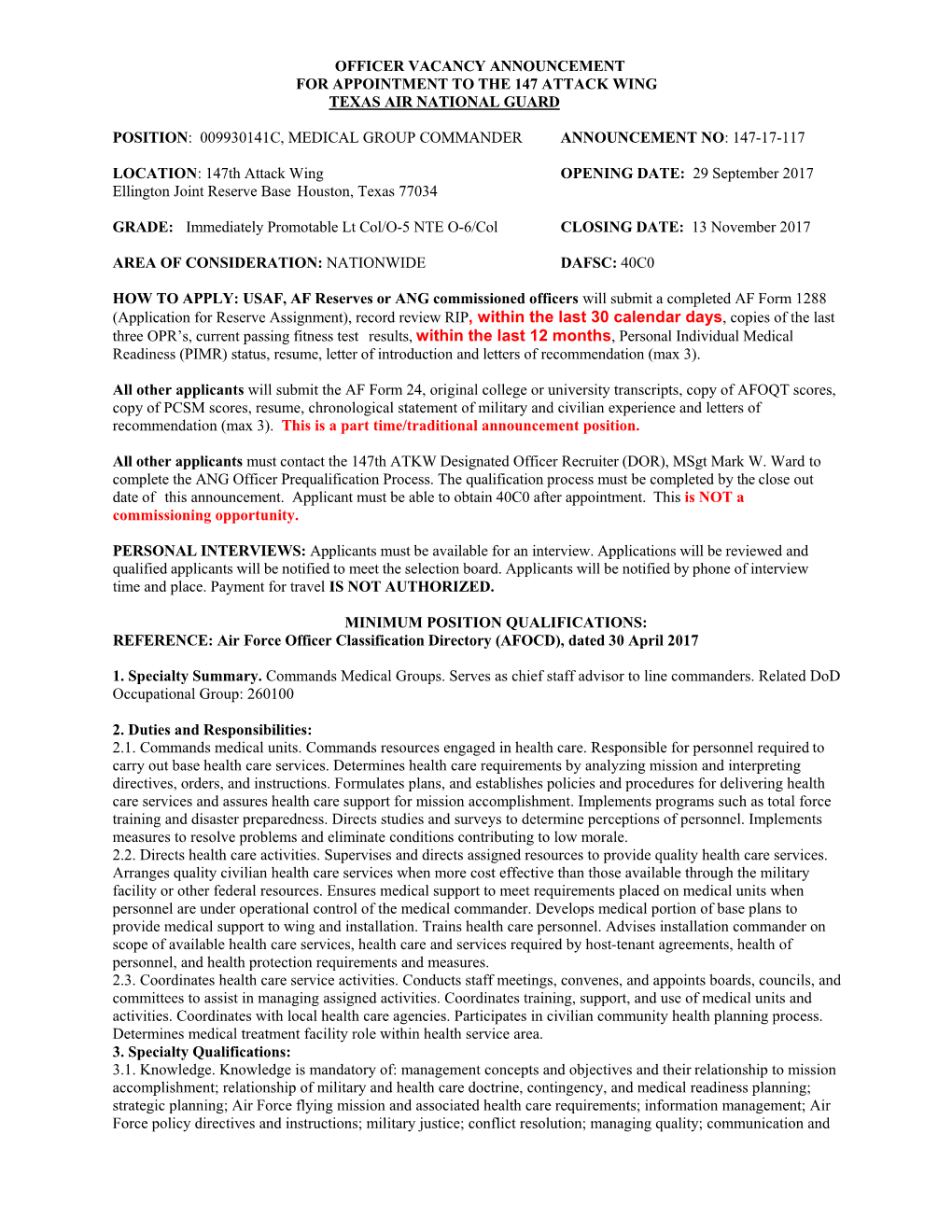 Officer Vacancy Announcement for Appointment to the 147 Attack Wing Texas Air National Guard Position: 009930141C, Medical Grou