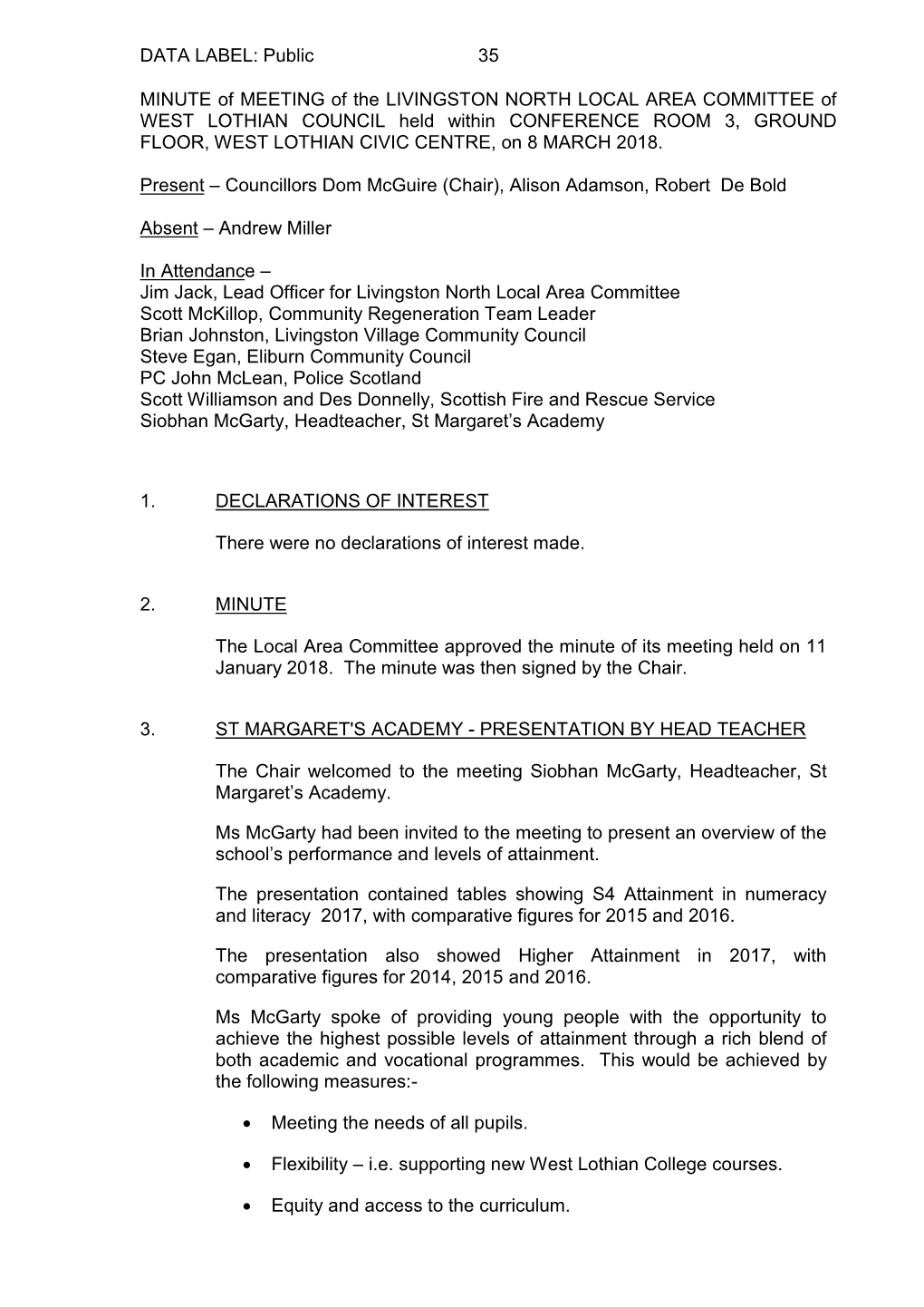 Public 35 MINUTE of MEETING of the LIVINGSTON NORTH LOCAL