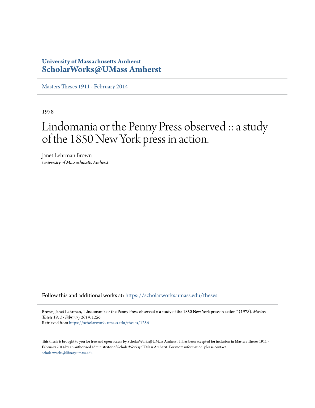 Lindomania Or the Penny Press Observed :: a Study of the 1850 New York Press in Action